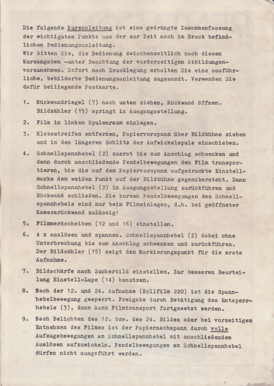 Bedienungsanleitung Pentacon Six - deutsch