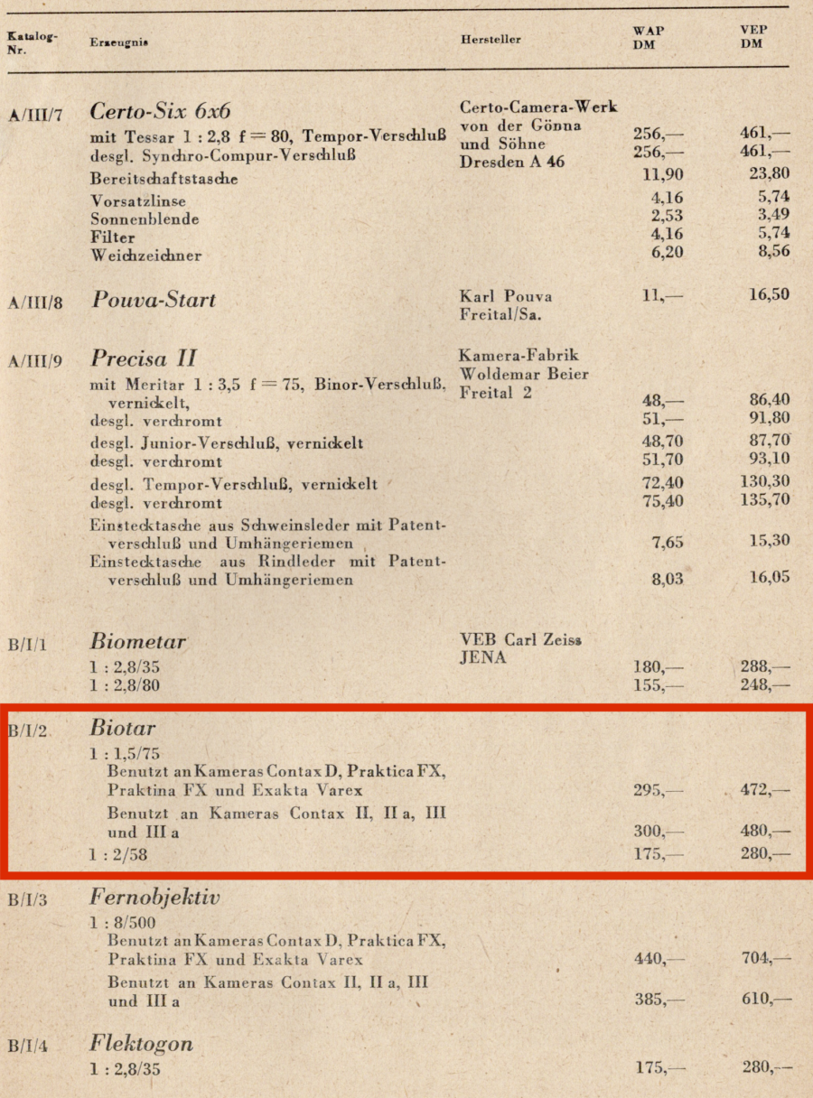 Biotar im Photo/Kino Warenkatalog 1954